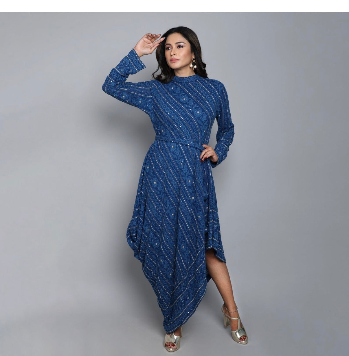 Lucknowi cowl dress with belt