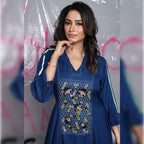 Hand Honeycomb Embroidered Asymmetrical Dress – Deep Blue