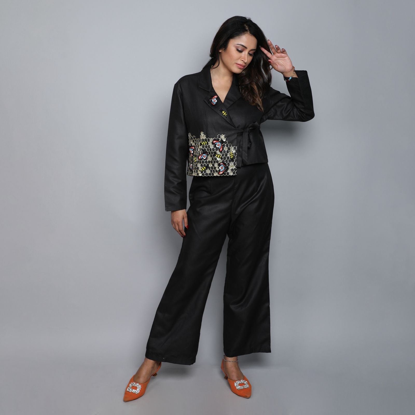 Hand Honeycomb Embroidered Tie-Up Co-ord Set – Black