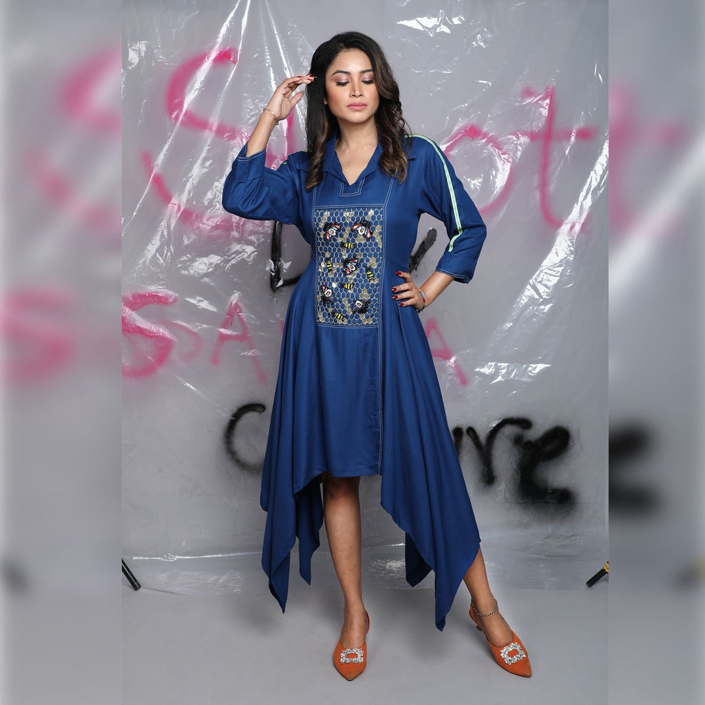 Hand Honeycomb Embroidered Asymmetrical Dress – Deep Blue