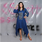 Hand Honeycomb Embroidered Asymmetrical Dress – Deep Blue