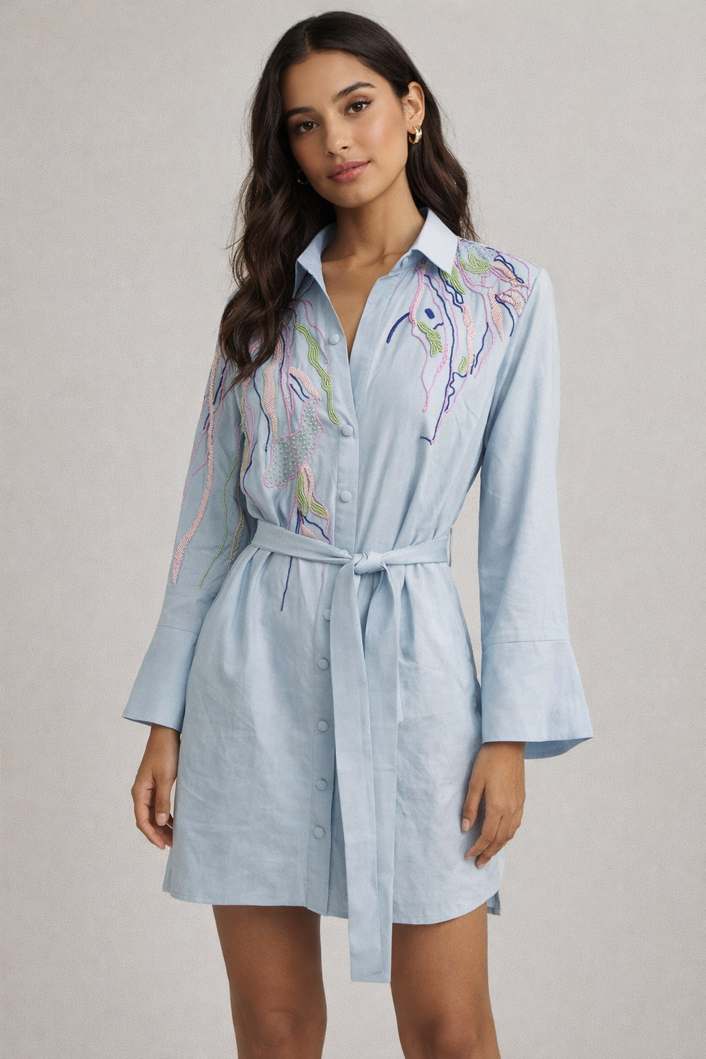 Powder Blue Embroidered Knee-Length Dress – Italian Cotton