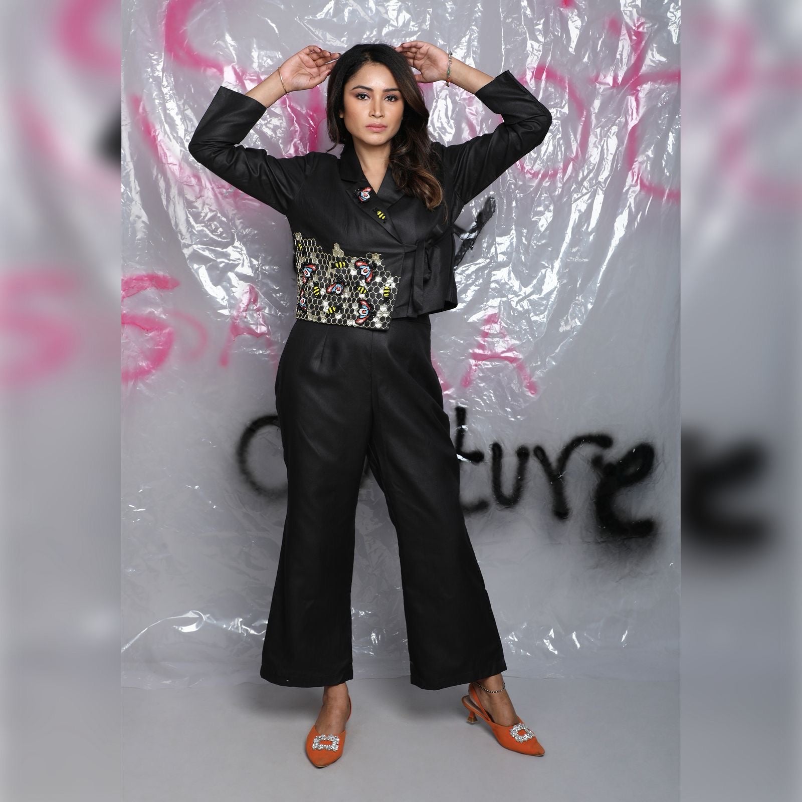 Hand Honeycomb Embroidered Tie-Up Co-ord Set – Black