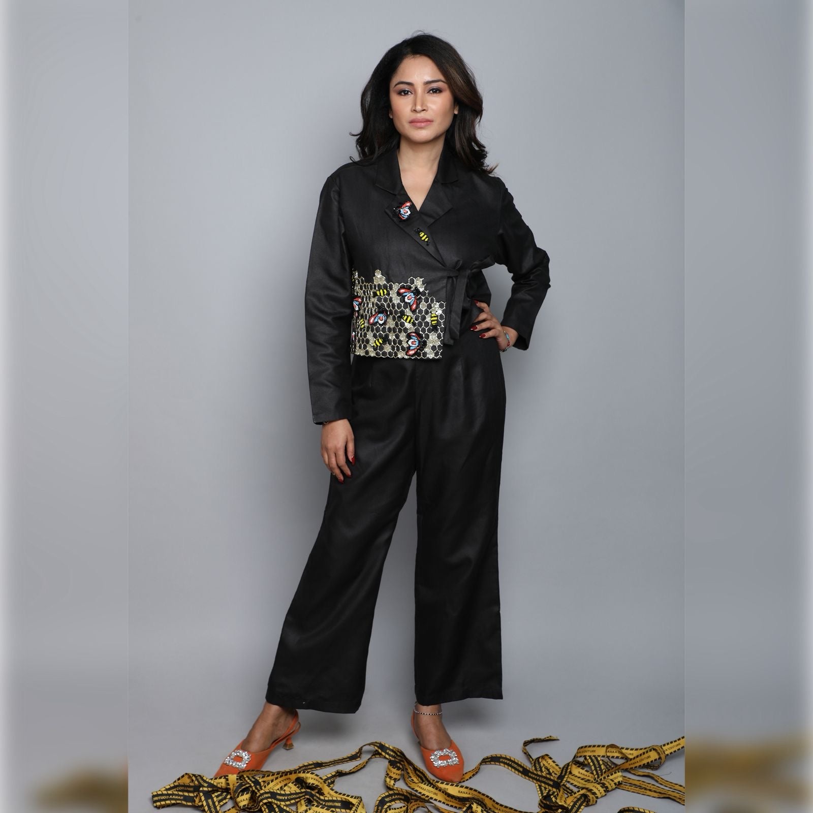 Hand Honeycomb Embroidered Tie-Up Co-ord Set – Black