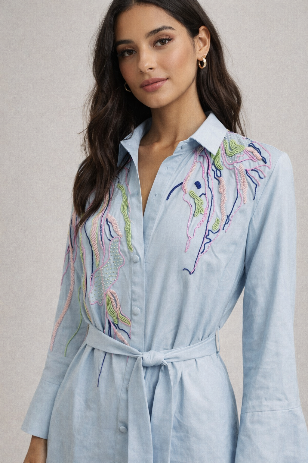 Powder Blue Embroidered Knee-Length Dress – Italian Cotton