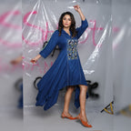 Hand Honeycomb Embroidered Asymmetrical Dress – Deep Blue