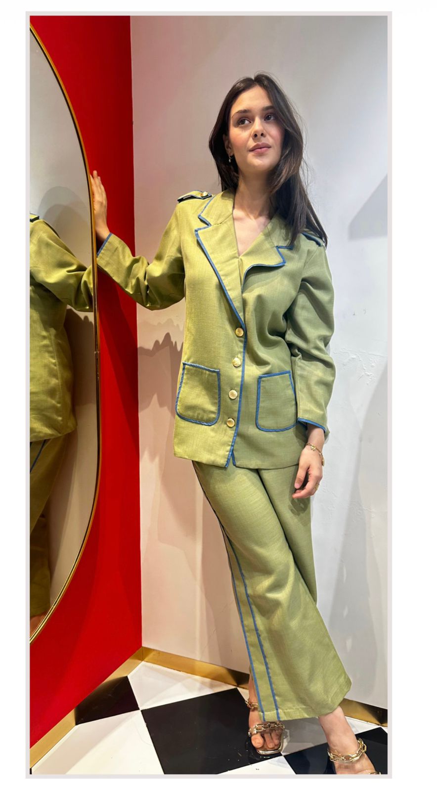 Olive Green Linen Blazer set